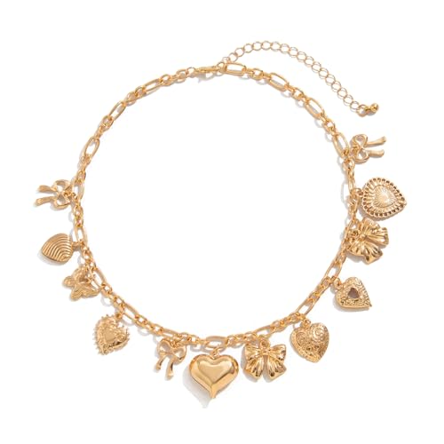 Gold Heart Charm Necklaces for Women Trendy Chunky Puffy Heart Choker Charms Necklace With Different Heart and Bow Fashion Jewelry Gift