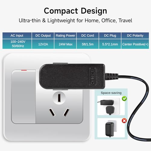 UL Listed 12V 2A AC/DC Adapter, 12 Volt 2 Amp 24W Power Supply with 10 Tips for LED Strip Lights, CCTV Cameras, Routers, 12V Wall Wart Transformer Charger, 5ft Power Supply Cord Included (2 Pack)4