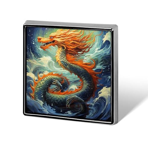 Square Lapel Pins Chinese Dragon Oil Painting Metal Square Brooceh Badge for Suits, Backpacks & Hats, Lapel Accessory