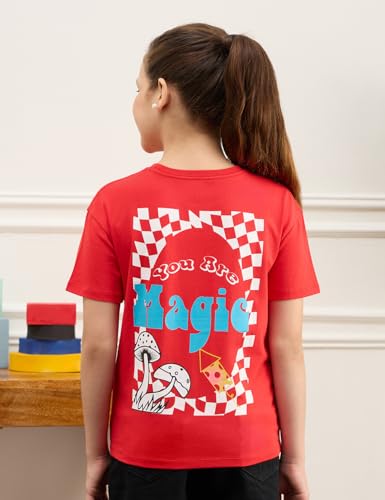 Image of Amazon Brand - Symbol Girls Cotton Strechable Oversized Graphic Printed Half Sleeves T-Shirt | Age 6-14 Years (Combo Pack of 2)