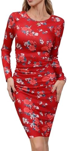 Missufe Women's Long Sleeve Slim Ruched Bodycon Dress 2025 Trendy Fall Casual Round Neck Sheath Knee Length Outfits Clothes