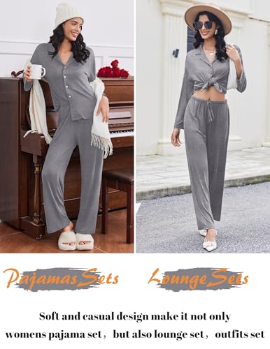 Ekouaer Pajamas for Women Set Button Up Pjs 2 Piece Long Sleeve Lounge Sets - image 5