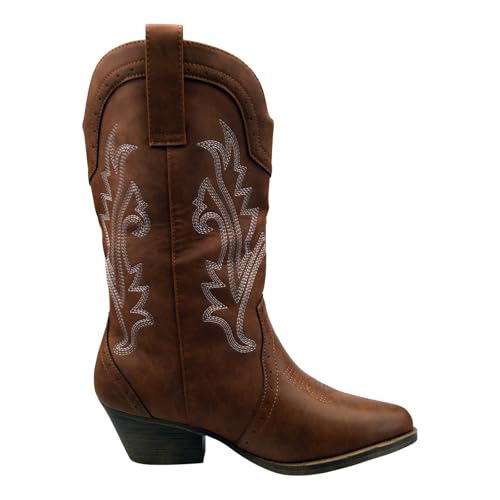 Western Cowgirl Mid-Calf Boots, Faux Leather Pull-On Style with Embroidered Design, Casual Walking Boots for Women (Black, One Size, UK Footwear Size System, Adult, Women, Numeric, Medium, 3) - Image 6