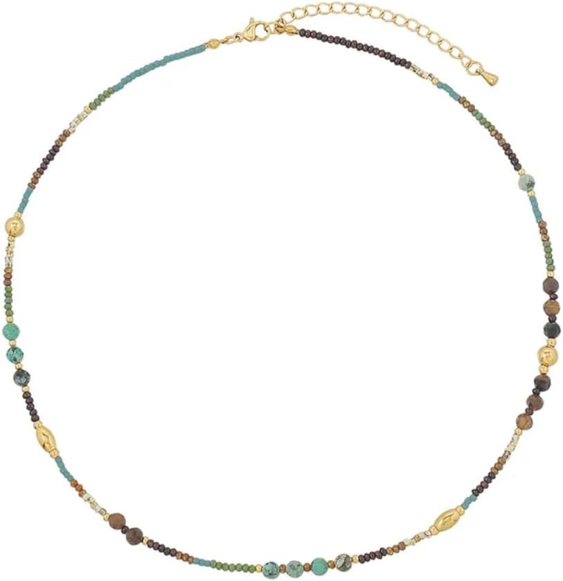 Pierced Owl Gold Plated Stainless Steel Natural Stone Beaded Necklace