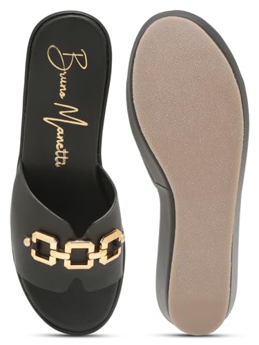Image of Bruno Manetti Women's Slipon Back Open with Upper Golden Buckle Round Toe Comfort Platform Wedges