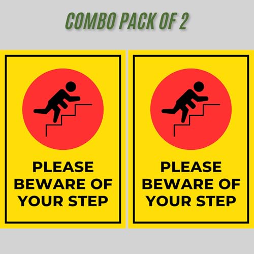 Image of BEWARE OF YOUR STEP Sign Board Sticker (20.5 x 14.5 CM) | Peel & Stick with 4 Pre-Made Holes | Waterproof Safety Warning Sign | Pack of 2 (BEWARE OF YOUR STEP, Medium -20.5 x 14.5 CM)