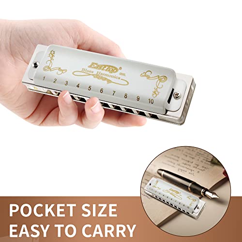 East Top Blues Harmonica, 10 Holes 20 Tones Diatonic Blues Mouth Organ Harmonica Key Of D With White Cover, T008L Harmonica For Adults, Professionals And Students #TOP4