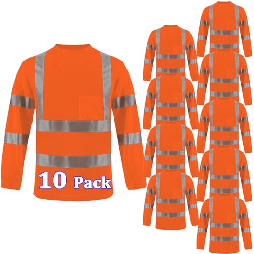 BeautyWill 10 Pack Safety T Shirts ANSI Class 3 Standard High Visibility Shirt with Reflective Tapes and Pocket Work Shirts for Men Construction (Orange-LongSleeve,Large)