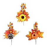 3 Stück Herbstblumen-Picks Ahornblatt-Beeren-Picks Seiden-Ahornblätter Zweige Kürbis-Picks for Herbst-Herbst-Blumenarrangements Ferienhaus-Dekoration, 210628QY10-3-3-10040-1652162351, 22,9 x 14 cm kün