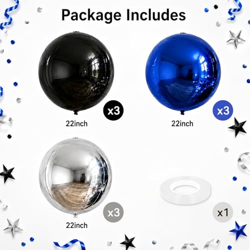 Image of 9 Pcs Black Blue Silver Round Foil Balloons Black Royal Navy Blue Metallic Silver Chrome 4D Ball Balloons 22 In Orbz Mylar Balloon for Graduation Grad Birthday Anniversary Party Decorations