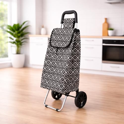 Image of KriShyam Foldable Shopping Trolley Cart with Stylish Pattern | Large Capacity Grocery Cart with Wheels | Lightweight Portable Utility Cart (2 WHHEL White (Geometric Print))