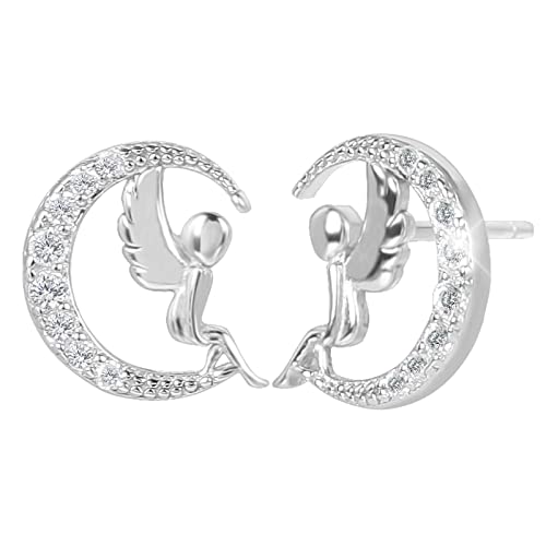 TEZCRT Pendientes de plata de ley 999 con diseño de hada en la luna, circonitas...