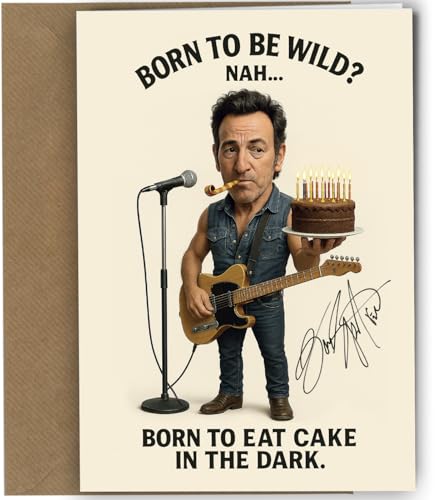 Image of Bruce Springsteen Autograph Birthday Card – Reproduction Inspired “Born to Eat Cake in the Dark” – Funny Music Fan Greeting Card – Cartoon Design – Rock Legend Birthday Card Brown Envelope No2001