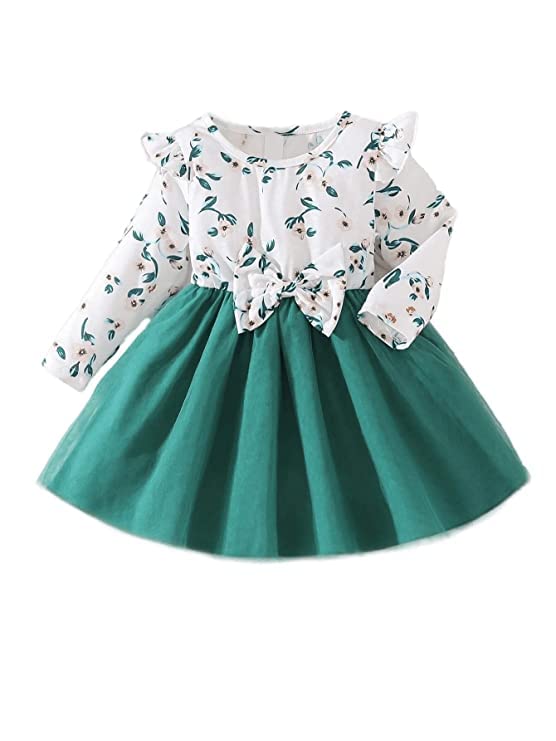 Image of OMLI Baby Floral Print Ruffle Trim Bow Front Mesh Hem Dress Round Neck Button Closure Mini Dress /Frock /OnePice /Party Dress for Baby Girls