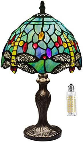 Tiffany Table Lamp Stained Glass Crystal Bead Style Table Light, Handmade Desk Bedside Table Night Lamp, Antique Art Craft Gifts Lover Kid Living Room Bedroom Study Bookcase Desk Ligh(Green Dragonfly)