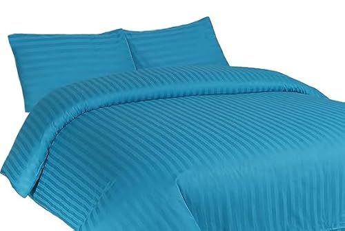 Laam linen 100% Egyptian Cotton Sateen 400 Thread Count Duvet Quilt Cover With Pillow Case Soft Cozy Warm Bedding Set Cotton Satin Stripes Bed Set (Teal, Single)