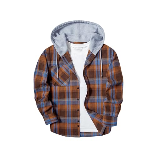 Image of JACKETOWN Men's Hoodies Long Sleeve Casual Plaid Flannel Shirt Mens Jackets Top Button Down Shirts for Men Cotton Lumberjack Regular Fit Orange Blue