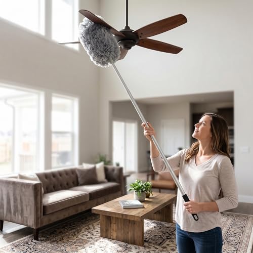 Image of Extendable Long Handle, Ceiling Fan Blade Cleaning Tool Reusable Washable Microfiber Mop Microfibre Duster for high Ceilings, Cobweb Telescopic Extension Pole kit, Duster