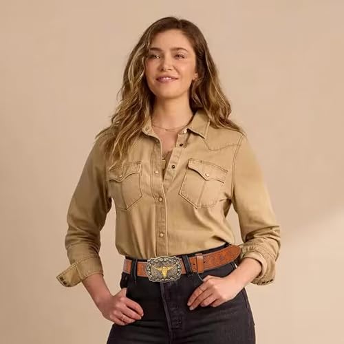 NALACAL Men-Western-Cowboy-Leather-Buckle-Belts-with-Longhorn-Bull-Floral-Engraved-Belt-Buckle-for-Jeans 33" to 42" Waist