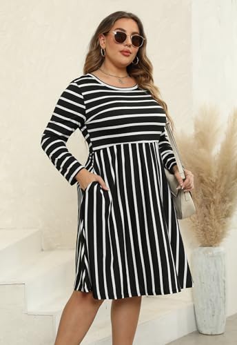 Image of Nemidor Women's Round Neck Long Sleeve Casual Plus Size Fit and Flare Midi Dress with Pocket NEM169