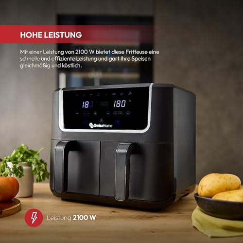Z SwissHome DARK - Friggitrice ad aria 2100W - 2 pentole 3L - 8 funzioni - LED Touch Screen - Rivestimento antiaderente - Funzione di disidratazione e riscaldamento - Facile pulizia - Immagine 2
