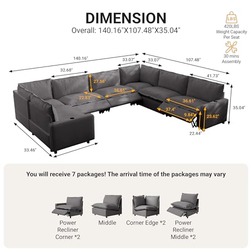 Image of 131.5 inch Power Reclining Sofa with Wireless Charging & Heated Seats,Smart Recliner Sectional Couch,Zero Gravity Recliner Sofa,Deep Seat Cloud Couch for Living Room Home Theater,Grey,7 Seats
