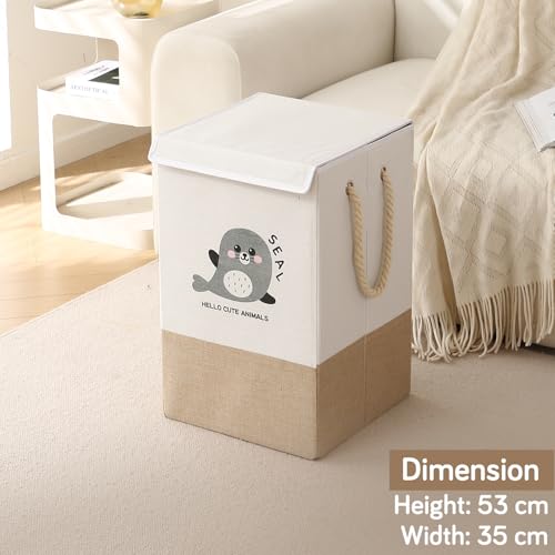 Image of HOKIPO Cardboard Foldable Laundry Basket for Clothes with Lid, Brown - Seal (AR-5317-BR), 53cm, 35cm