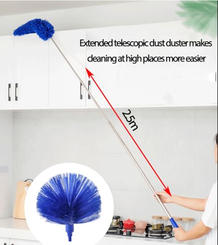 Image of Cobweb Duster with Extension Pole, Ceiling Cob Web Cleaner Kit with 2 Duster Heads, 15-100 Inch Telescopic Microfiber Cleaning Duster, Long Corner Duster Tool for High Walls, Fans, Blinds Blue