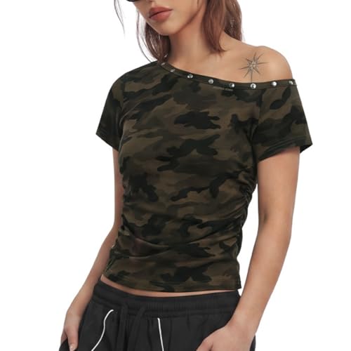 Aelfric Eden Womens Camouflage Off-Shoulder Tops Vintage Camo T-Shirt Summer Baby Tee Top Short Sleeved