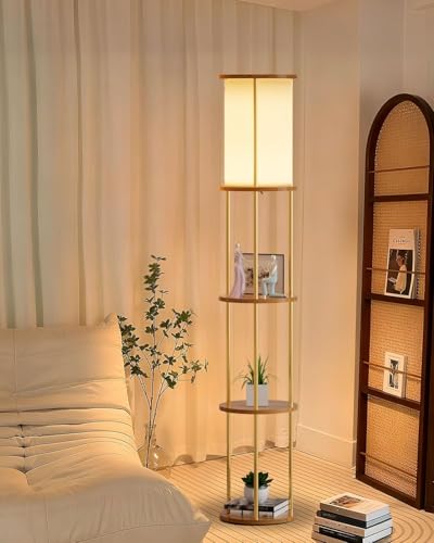 Image of Lightdot 61 inch Floor Lamp with Shelves, Modern Gold Floor Lamp with Fabric Shade and 3- Tier Solid Wood Table Attached, Corner Bookshelf Lamps with 3000K Bulb Included for Sofa Beside /Corner Decor