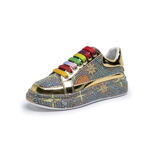 Y2K Sneakers for Women Dazzling Opulent Bling Sparkle Rhinestone Gold Metallic Platform Fashion Statement Party Festival Club Event Rainbow Laces Multi Color Embellished Comfortable Sneakers Women