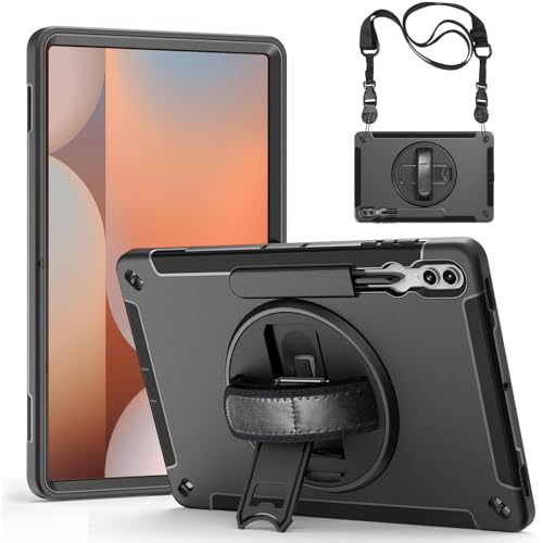 Junfire Case for Galaxy Tab S10 Ultra / S9 Ultra 14.6 inch 2024/2023 (SM-X910/X916), Rugged Protective Case with Rotating Kickstand Hand Strap Shoulder Belt for Samsung S9 Ultra Tablet Case, Black