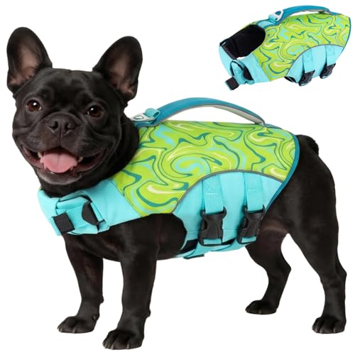 Image of BRKURLEG Dog Life Jacket, Dog Life Vest for Swimming & Boating with High Buoyancy & Rescue Handle for Small Medium Large Dogs, Adjustable Reflective Swimming Safety Vest, Green M