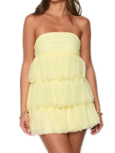 Edhomenn Vestido corto de tubo para mujer, color liso, sin tirantes, dobladillo con volantes, corte entallado, vestido de fiesta escalonado Y2K, B-amarillo, L