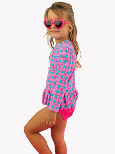 Image of RuffleButts Baby /Toddler Girls Scalloped Long Sleeve Rash Guard 2-Piece UPF50+ Sun Protected Swimsuit