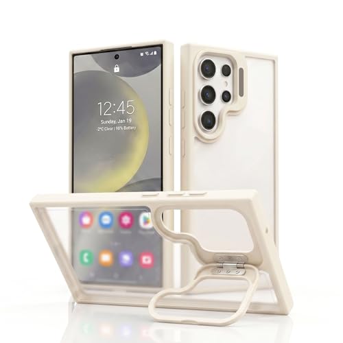 Image of amazon basics Frosted Matte Case for Samsung Galaxy S24 Ultra 5G | Built-in Flip-Out Camera Lens Stand | Translucent Back with Contrast White Bumper | Shockproof Protective Cover