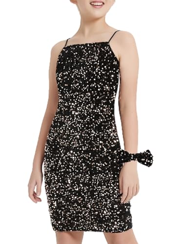EXARUS Girls Sequin Spaghetti Strap Bodycon Dress Teen Sparkle Pencil Party Mini Special Occasion Birthday Velvet Dress