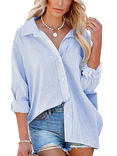 Flowyair Women's Oversized Button Down Shirts Business Casual Long Sleeve Blouse Work Striped Tops