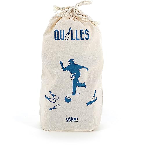 Vilac - 6 Bowlingkegel – zweifarbig – Outdoor-Spiel – Geschicklichkeitsspiel und Präzisionsspiel aus Holz – Gesellschaftsspiel – 2 Kugeln – Aufbewahrungstasche aus Baumwolle