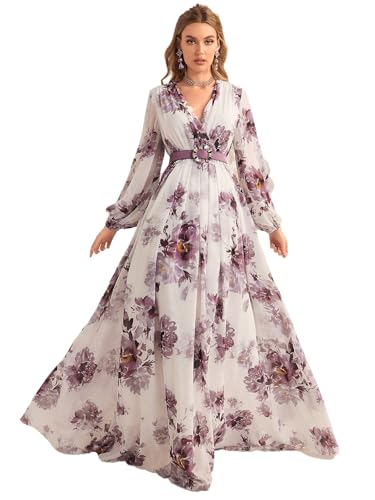 Image of TOLEEN Summer Casual Dresses for Women 2024 Spring Fashion Boho V Neck Long Sleeve Ruffle Floral Print Elegant Maxi Dress
