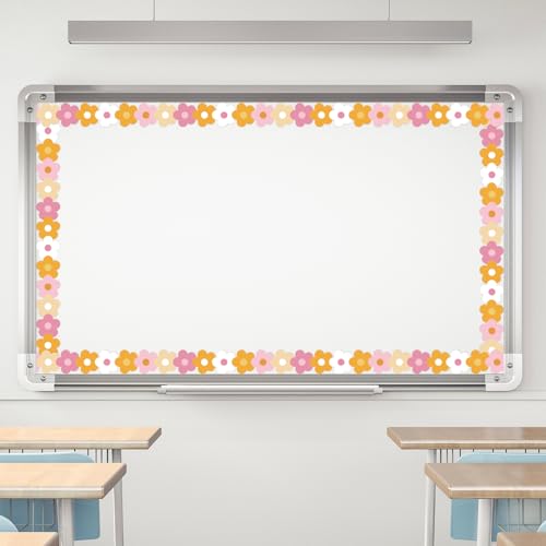 Image of Whaline 32.8 ft Groovy Boho Hippie Flower Bulletin Board Borders Pink Orange Floral Die-Cut Rolled Border Trim for Back to School Classroom Office Chalkboard Decoration
