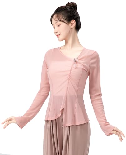 Angcoco Women's Chinoiserie Slant V-Neck Long Sleeve Mesh Blouse Pink