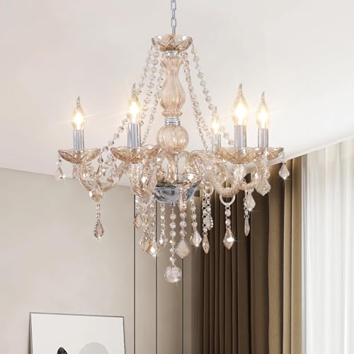 CRYSTOP Crystal Chandeliers for Dining Room, 6-Lights Classic Cognac Pendant