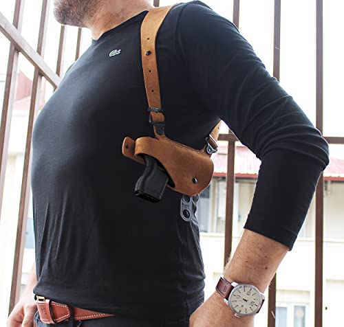 Premium Suede Leather Shoulder Holster With Single Magazine Carrier Fits Standard Without Rail Glockk 43X Subcompact 9Mm 3.41", Right Hand Draw Natural Color #1491# #TOP1