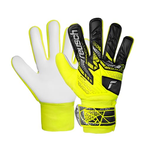 Reusch Attrakt Starter Solid Junior Goalie Gloves, Soccer Goalkeeper Gloves Breathable, Durable, for Artificial Grass & Hard Surfaces, Kids, Youth, Size 3, Yellow & Silver