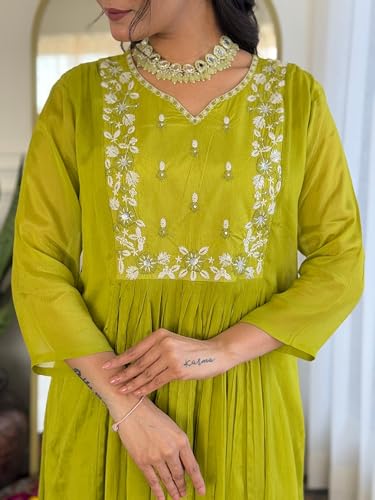 Image of Naixa Women's Chinon Embroidered Flared Kurta with Pant and Dupatta Sets (Available in Plus Size) (NX-616)