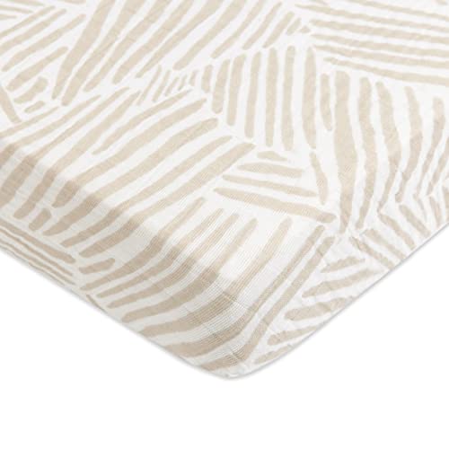 Image of Babyletto 100% Organic Cotton Mini Crib Sheet, GOTS-Certified, Fitted 360°, Ultra-Soft and Breathable Muslin - Oat Stripe