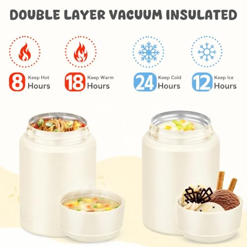Image of Insulated Food Jar with Folding Spoon | 304 Stainless Steel Lunch Pot, Leak Resistant Wide Mouth Thermos for Hot & Cold Food | Soup Container for Office Travel (550ml, White)