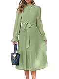 ANRABESS Women's Puff Long Sleeve Ruffle Trim Smocked A-line Pleated Swing Chiffon Midi Dresses with Belt 676qianlv-M Green