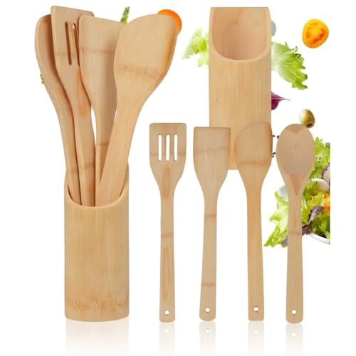 Juego de Utensilios de Cocina de Bambú, Set de 5 Piezas con Soporte, Cucharas y Espátulas de Madera Natural, Ecológicos